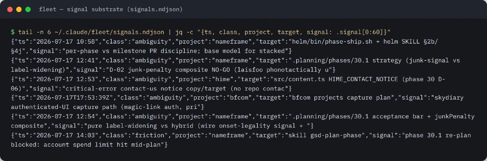 Live rows from the signal substrate: ambiguity and win events flowing through signals.ndjson