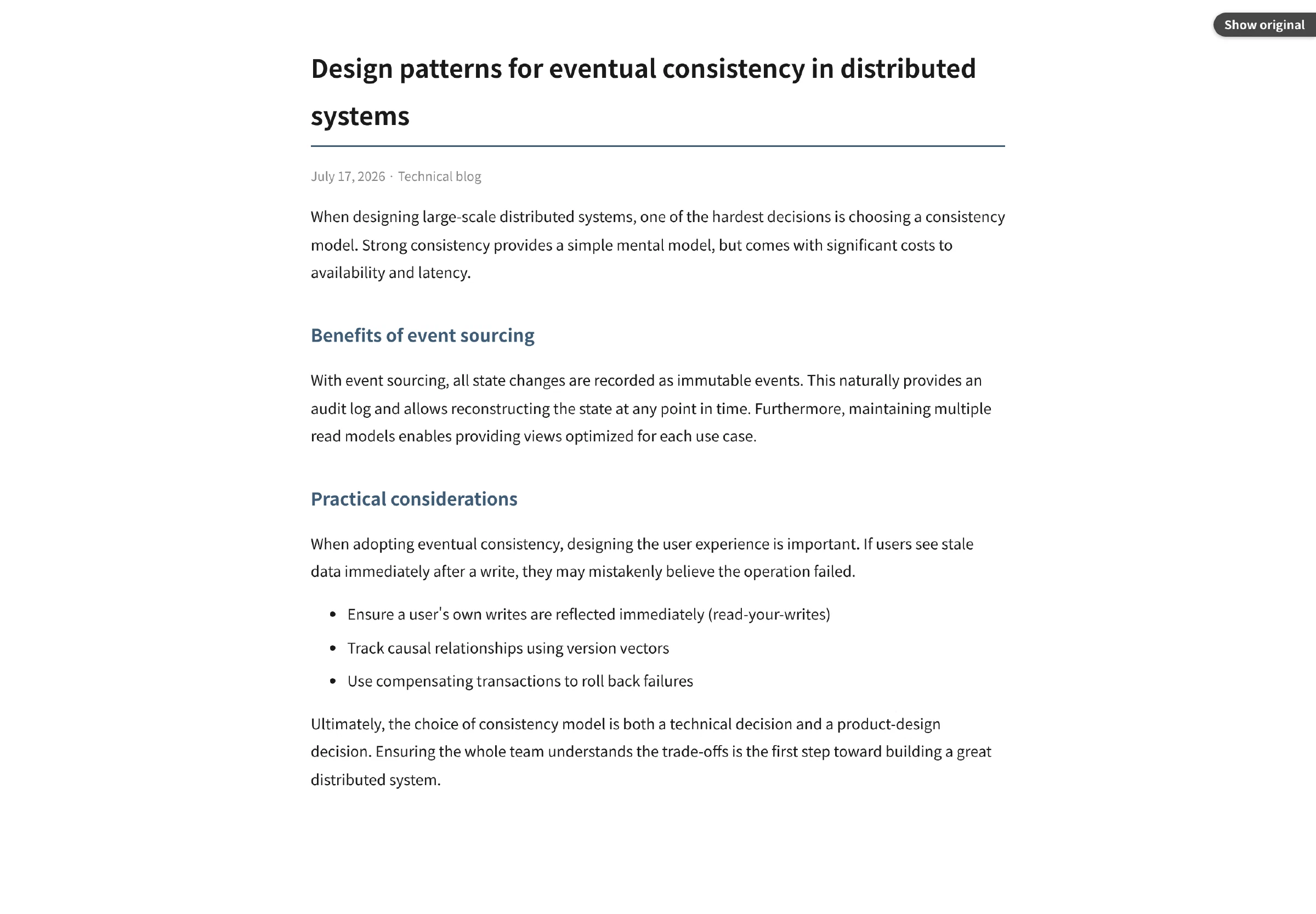 The same page fully rewritten in English, layout untouched, one click back to the original