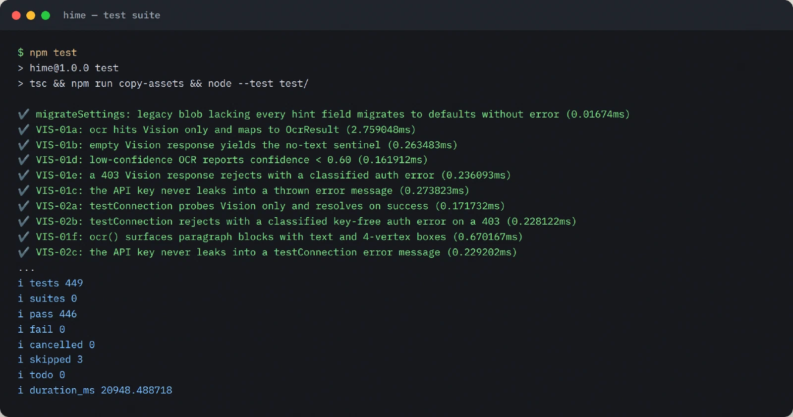 The full suite: 449 tests, 446 passing, 3 skipped, zero failures