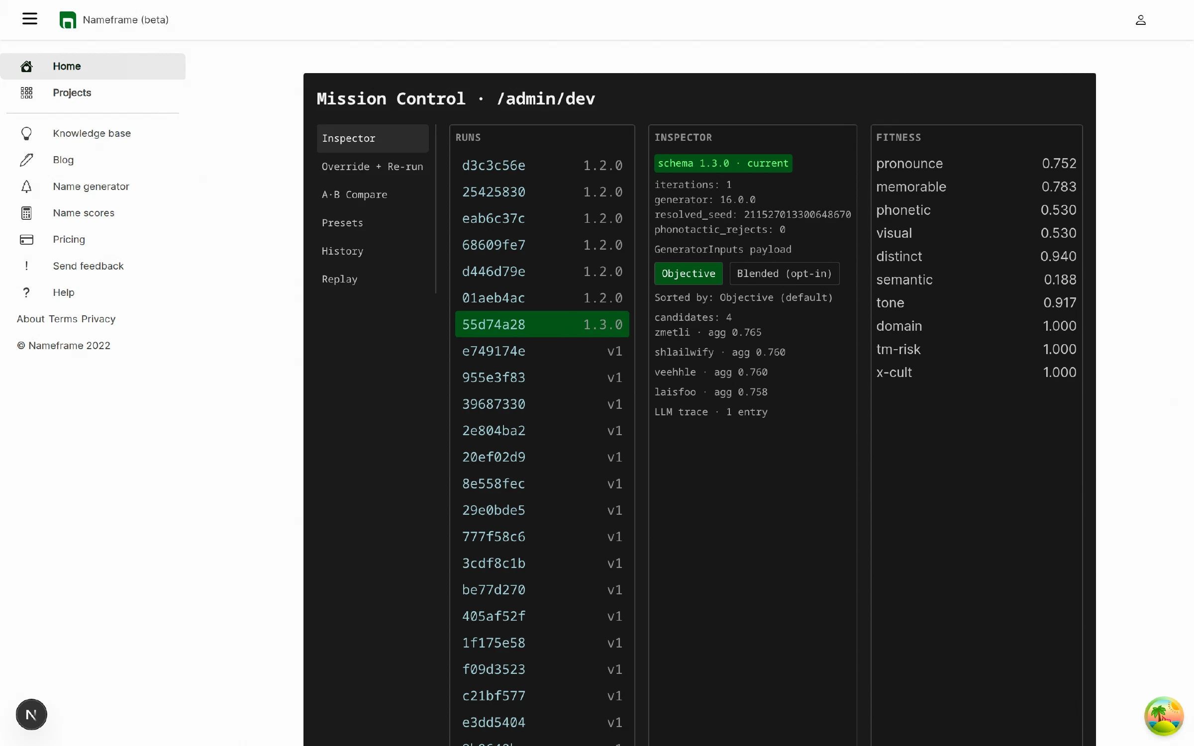 Mission Control, the operator console: run inspector with the junk-cluster run selected, per-axis fitness vector on the right