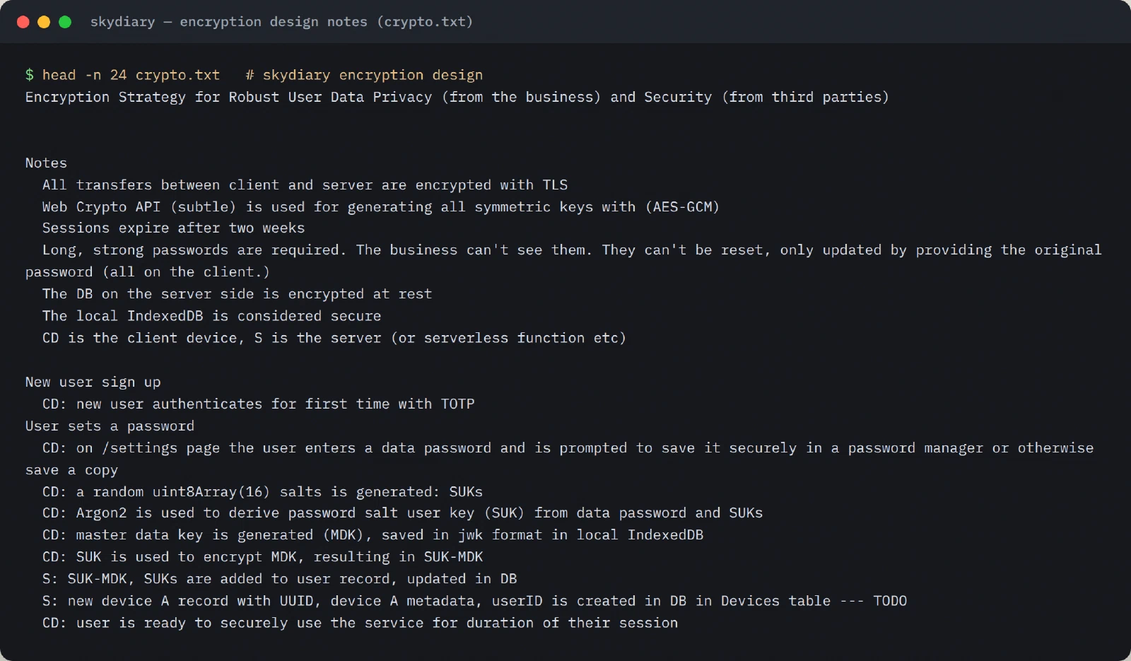 Working notes from the encryption design: the key hierarchy, before any of it was built